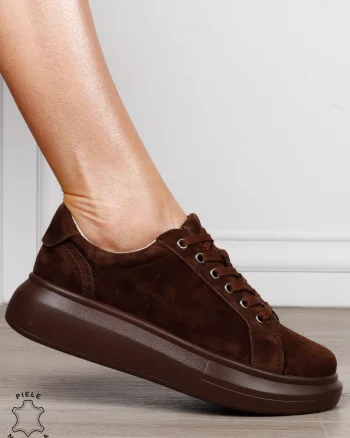 Pantofi Casual Damă din Piele Întoarsă Naturală cu Șiret CRL1802 CAFENIU SUEDE