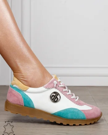Pantofi Casual Damă Multicolor cu Șiret din Piele Naturală CRL1803 ALB CU ROZ