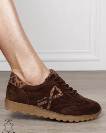 Pantofi Casual Damă din Piele Naturală Întoarsă imprimeu Leopard CRL1804 CAFENIU
