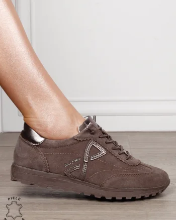 Pantofi Casual Damă din Piele Naturală Întoarsă cu Accente Elegante și Șiret CRL1804 GRI