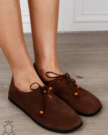 Pantofi Casual Damă din Piele Naturală Întoarsă cu Șiret și Design Minimalist CRL1274 CAFENIU