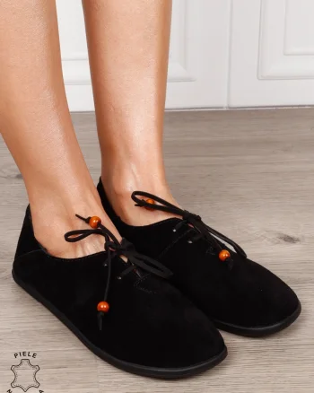 Pantofi Casual Damă din Piele Naturală Întoarsă cu Șiret și Design Minimalist CRL1274 NEGRU