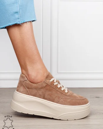Pantofi casual damă din piele întoarsă naturală cu siret CRL1822 KHAKI
