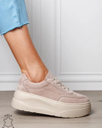 Pantofi casual damă din piele întoarsă naturală cu siret CRL1822 BEJ