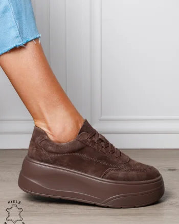 Pantofi casual damă din piele întoarsă naturală cu siret CRL1822 MARO