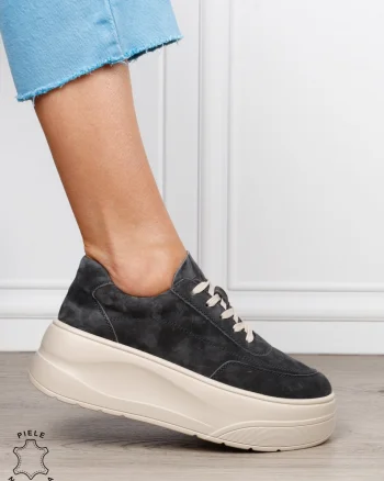 Pantofi casual damă din piele întoarsă naturală cu siret CRL1822 GRI