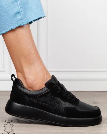 Pantofi casual dama din piele naturală cu finisaj premium CRL1823 NEGRU