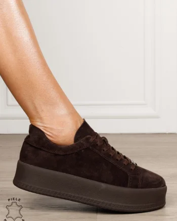 Pantofi casual damă din piele întoarsă naturală cu detaliu decorativ frontal CRL1820 CAFENIU