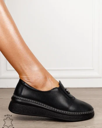 Pantofi damă din piele naturală cu finisaj clasic CRL1844 NEGRU