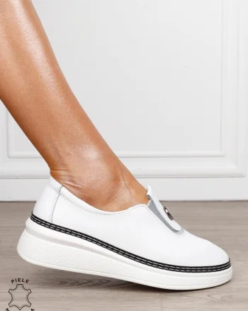 Pantofi damă din piele naturală cu finisaj clasic CRL1844 ALB