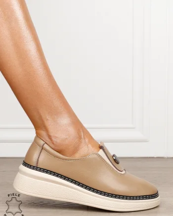 Pantofi damă din piele naturală cu finisaj clasic CRL1844 KHAKI