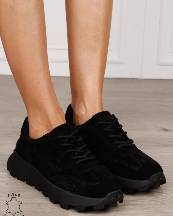 Pantofi damă din piele naturală intoarsa cu șiret model versatil CRL1852 NEGRU