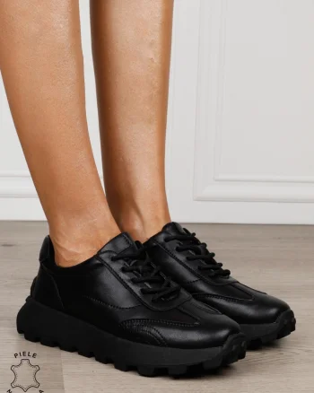 Pantofi damă din piele naturală cu șiret model versatil CRL1852 NEGRU