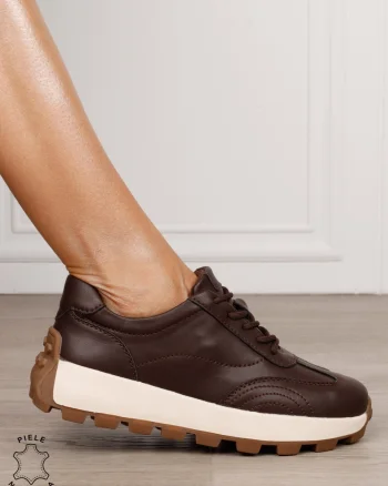 Pantofi damă din piele naturală cu șiret model versatil CRL1852 CAFENIU