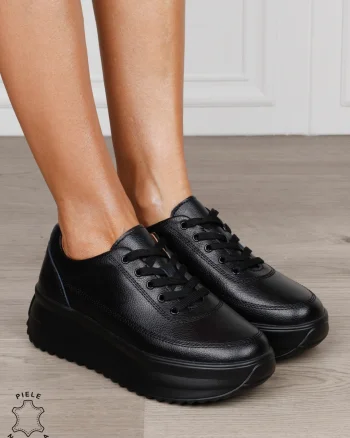 Pantofi Casual de dama din Piele Naturala cu talpa Inalta CRL1201 NEGRU