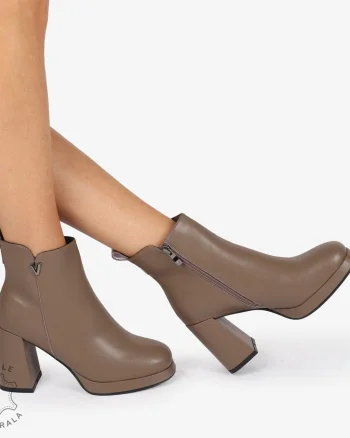 Botine dama Piele Naturala cu inchidere fermoar si toc Gros Inalt CRL1255 khaki