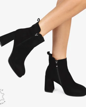botine dama piele naturala Intoarsa cu toc Gros Inalt CRL1255 NEGRU
