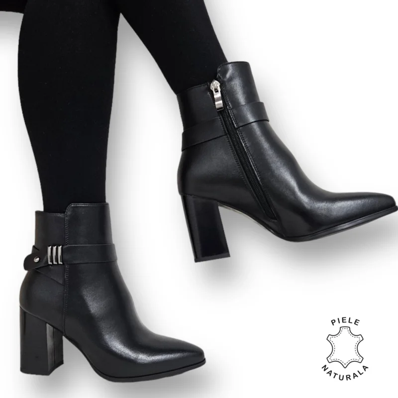 Botine DAMA din PIELE Naturala cu FERMOAR si Catarama CRL0927 CULOARE: Negru