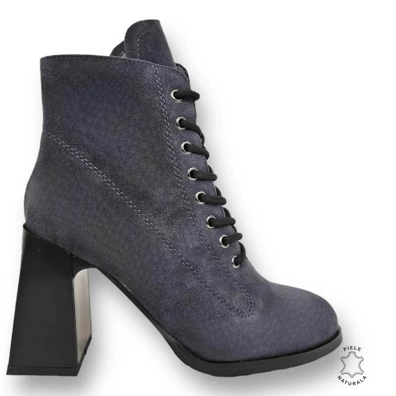 BOTINE DAMA din PIELE NATURALA INTOARSA CU TOC GROS CRL0899 CULOARE:GRI INCHIS