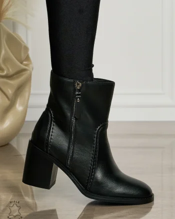 Botine DAMA din PIELE NATURALA CU TOC GROS CRL1493 Negru