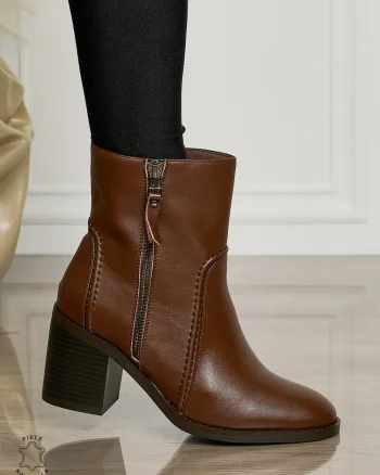 Botine DAMA din PIELE NATURALA CU TOC GROS CRL1493 cafeniu