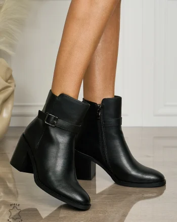 Botine DAMA din PIELE NATURALA CU TOC GROS CRL1494 Negru