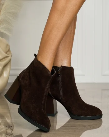 Botine DAMA din PIELE NATURALA CU TOC GROS CRL1496 Cafeniu