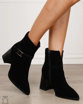 Botine damă din piele naturală întoarsă cu toc gros și vârf ascuțit CRL1829 NEGRU