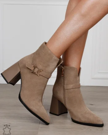Botine damă din piele naturală întoarsă cu toc gros și vârf ascuțit CRL1829 KHAKI