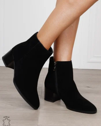 Botine damă din piele naturală întoarsă cu design clasic CRL1831 NEGRU
