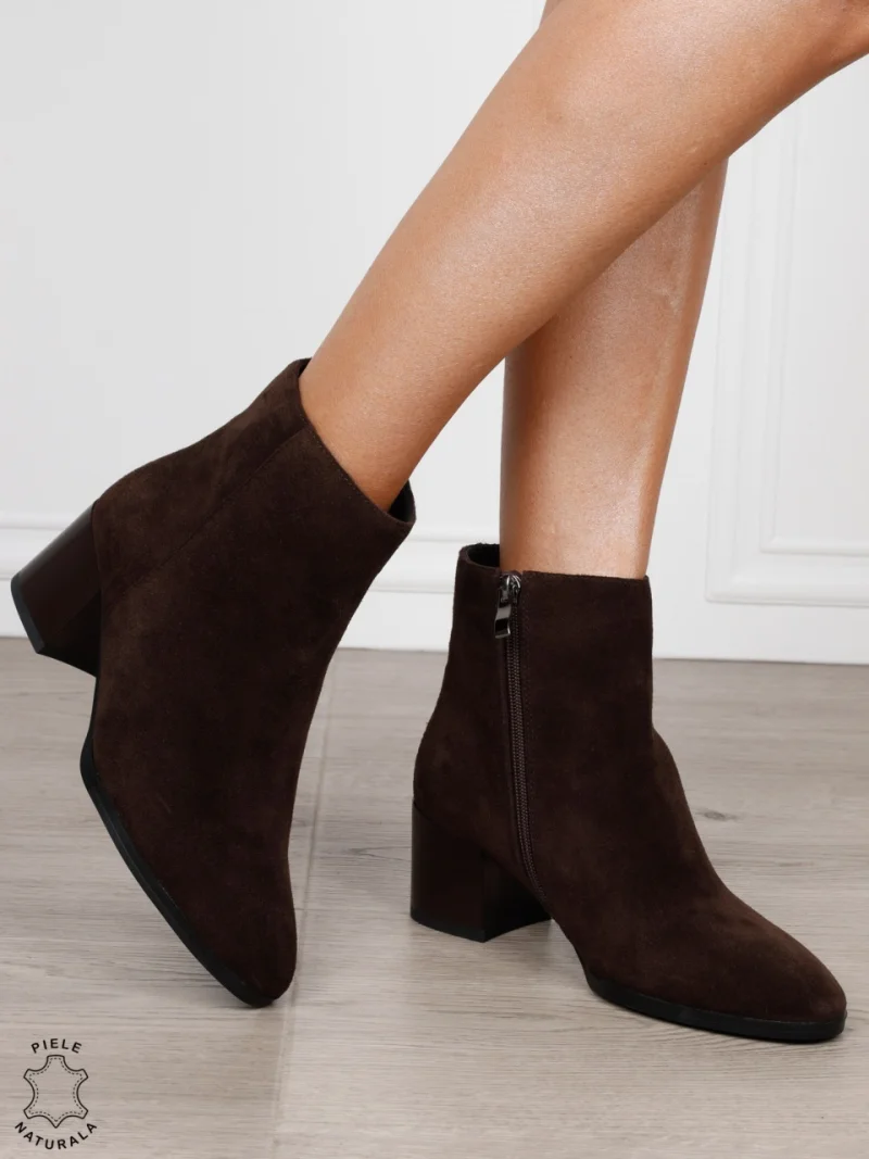 Botine damă din piele naturală întoarsă cu design clasic CRL1831 CAFENIU