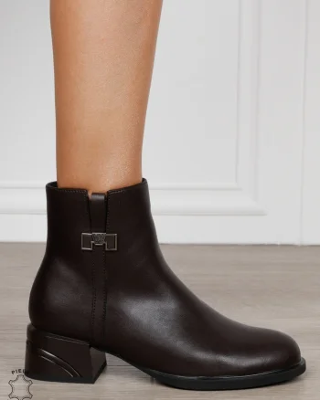 Botine damă din piele naturală cu ornament metalic CRL1837 CAFENIU