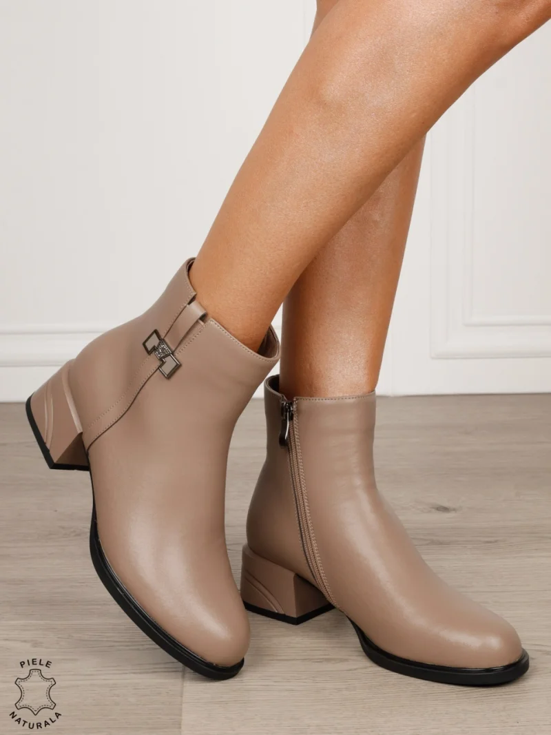 Botine damă din piele naturală cu ornament metalic CRL1837 KHAKI