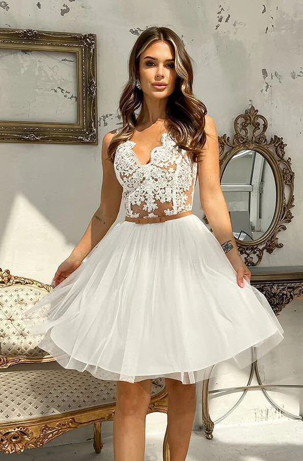 Rochie cununie civila scurta cu tul si broderie ecru Ecaterina
