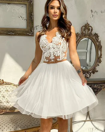 Rochie cununie civila scurta cu tul si broderie ecru Ecaterina