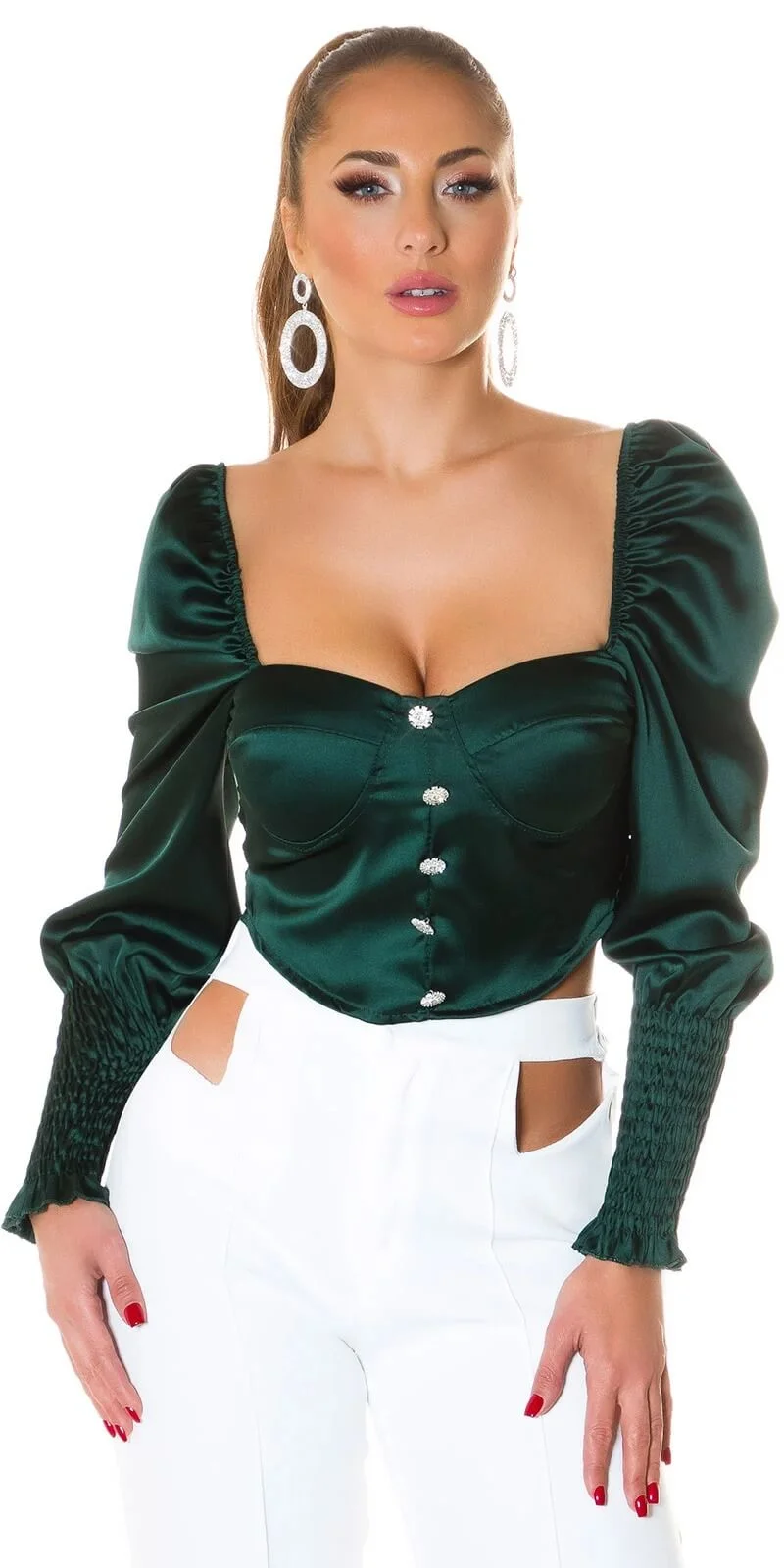 Crop top elegant tip corset satin verde smarald Moura
