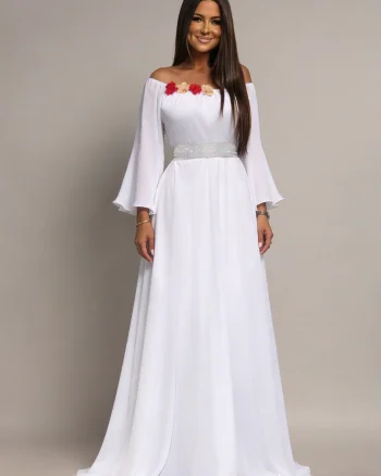 Rochie cununie civila lunga, din voal,alba, cu maneca lunga si umerii goi, FairyTale