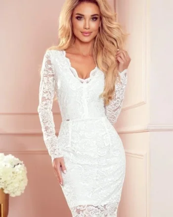 Rochie cununie civila midi, din dantela, alba, cu maneca lunga, Sofia