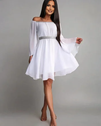 Rochie cununie civila scurta, din voal, alba, cu maneca lunga, vaporoasa, Alexia