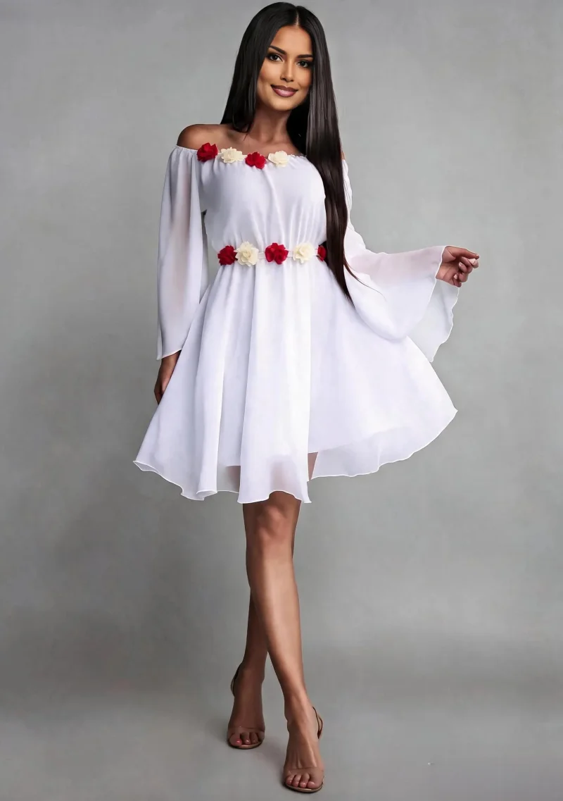 Rochie cununie civila, scurta, din voal, alba, cu maneca lunga, Raisa