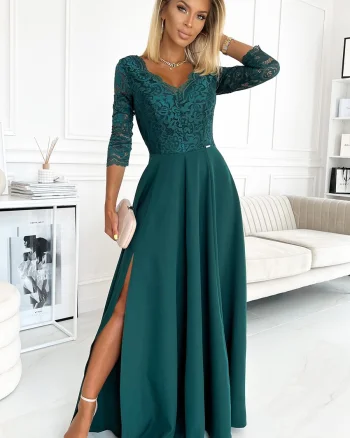 Rochie de ocazie lunga eleganta verde cu dantela pe bust Allegria