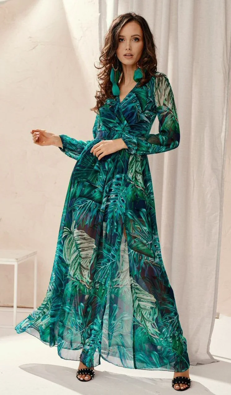 Rochie de vara lunga din voal verde vaporoasa cu maneca lunga Anamaria