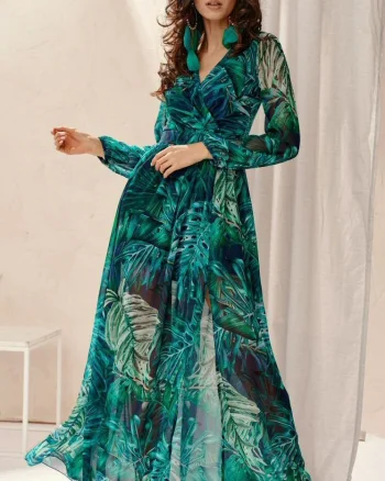 Rochie de vara lunga din voal verde vaporoasa cu maneca lunga Anamaria