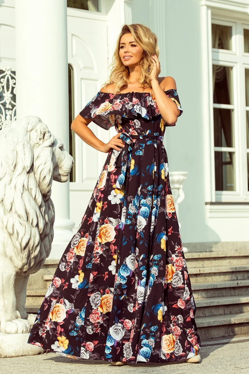 Rochie de vara lunga neagra cu flori colorate cu umerii goi si volane Georgia