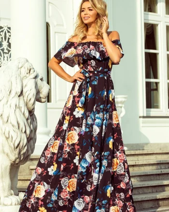 Rochie de vara lunga neagra cu flori colorate cu umerii goi si volane Georgia