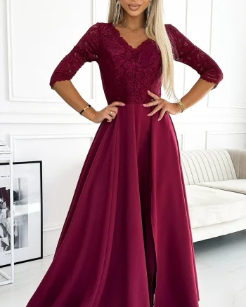 Rochie eleganta lunga din dantela burgundy cu maneca Allegria