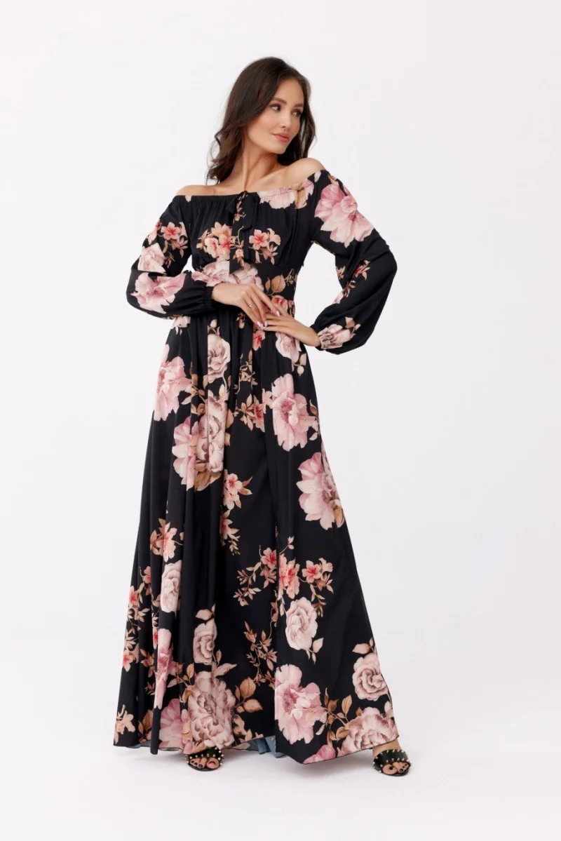 Rochie lunga de vara vaporoasa cu flori cu maneca lunga si umeri goi Blanca