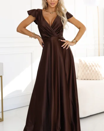 Rochie lunga din satin maro ciocolata Cristaliza