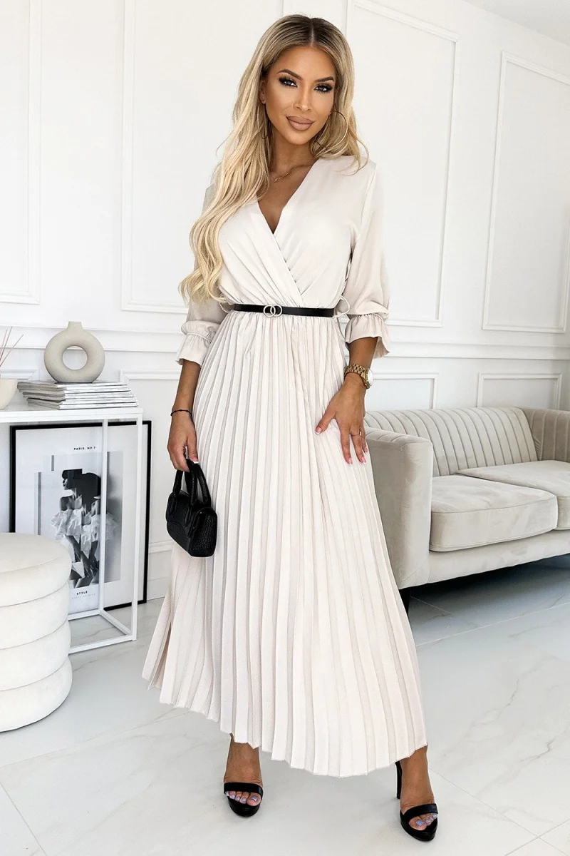 Rochie lunga plisata bej Zumru