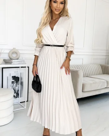 Rochie lunga plisata bej Zumru